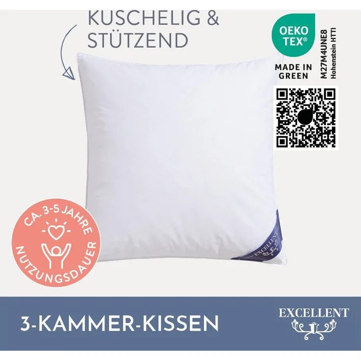 Excellent 3-Kammer-Kopfkissen Venedig, 3-Kammer-Kopfkissen Größenauswahl 40x40-80x80 cm, Füllung: weiße neue Gänsedaunen, Klasse I, 100% Daunen (Außen), weiße neue Gänsefedern, Klasse I, 100% Federn (Innen), Bezug: feiner Daunen-Batist, 100% Baumwolle,...
