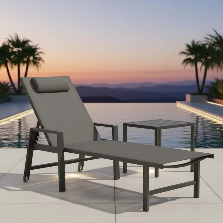 Mucola 1x Sonnenliege und Gartentisch Aluminium Gartenliege 200KG & Rollen wetterfest Teslin Klappliege Camping Terrassentisch