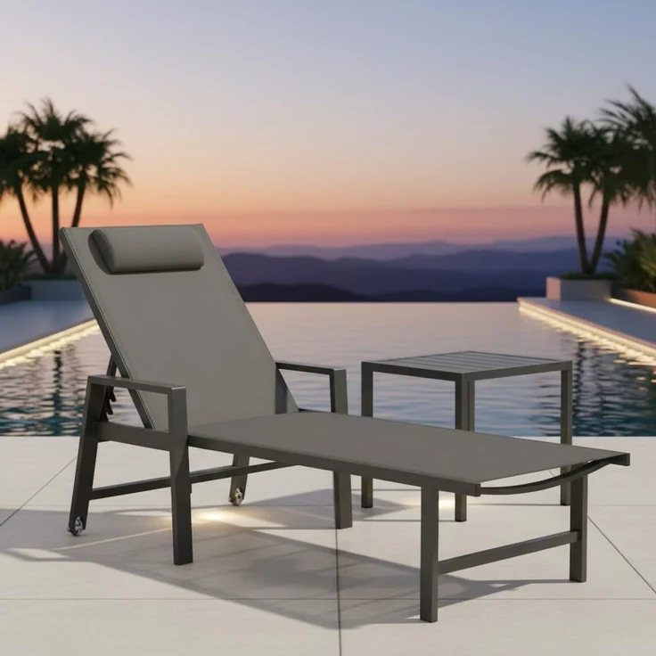 Mucola 1x Sonnenliege und Gartentisch Aluminium Gartenliege 200KG & Rollen wetterfest Teslin Klappliege Camping Terrassentisch – Bild 1