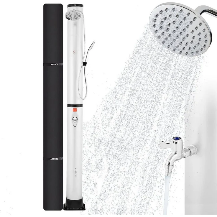 Arebos Solardusche 40 L Solar-Gartendusche mit Handbrause, Thermometer & Fußdusche (Komplett-Set, Schwarz/Silber), inkl. Abdeckhaube