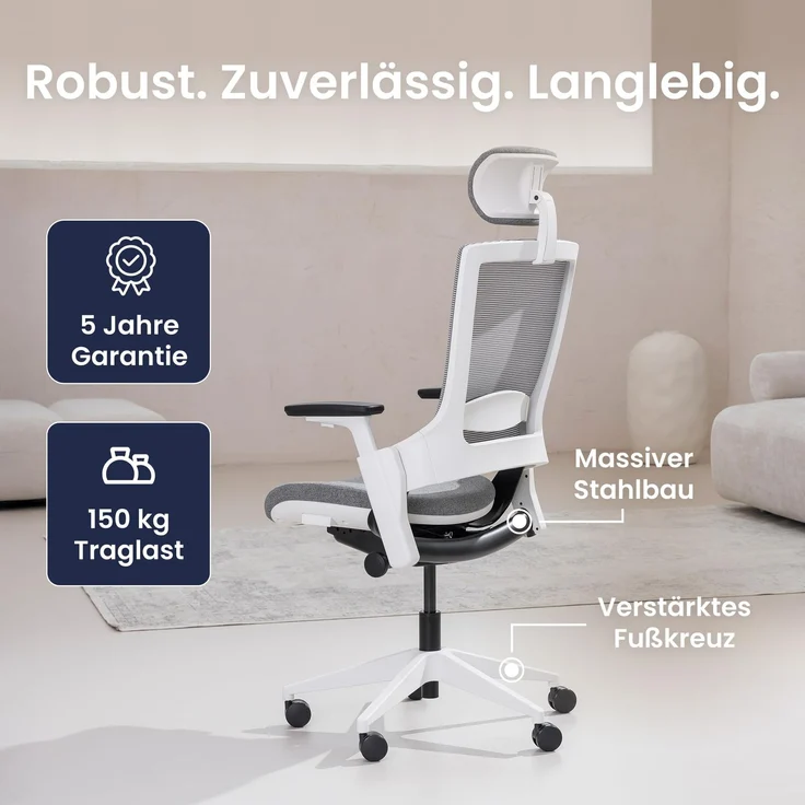 Ergotopia 'NextBack' ergonomischer Bürostuhl mit integrierter Lordosenstütze, 3D Armlehnen & verstellbarer Kopfstütze, Grau / Weiß – Bild 6