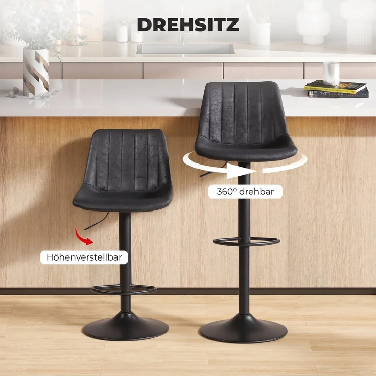 2er-Set Barhocker im Retrodesign, inkl. Fußstütze, höhenverstellbar, Gaslift, Schwarz--Schwarz--110x43x46.5cm--YOUDENOVA – Bild 6
