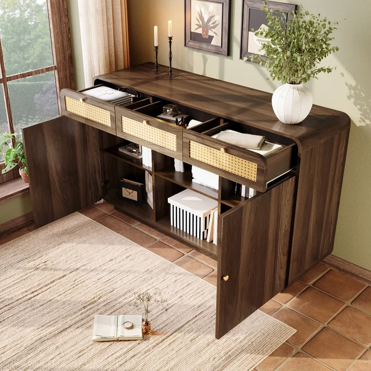 Abrihome Sideboard mit Rattan, Goldgriffen und offenem Regal, Braun, 85x40x120 cm – Bild 4