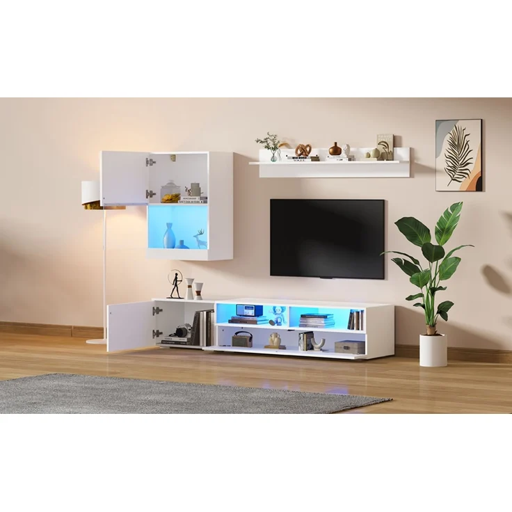 175*39*34cm TV Wohnwand-set mit Vitrine (Komplett-Set, 3-St),Mediawand inkl. TV-Board, Standregal und Wandregal,TV Wohnzimmermöbel-Set mit LED und Hochglanz,TV-Schrank,stehend&hängend,TV bis 80',Weiß--Weiß--84.71x64.64x13.46cm--YOUDENOVA – Bild 5