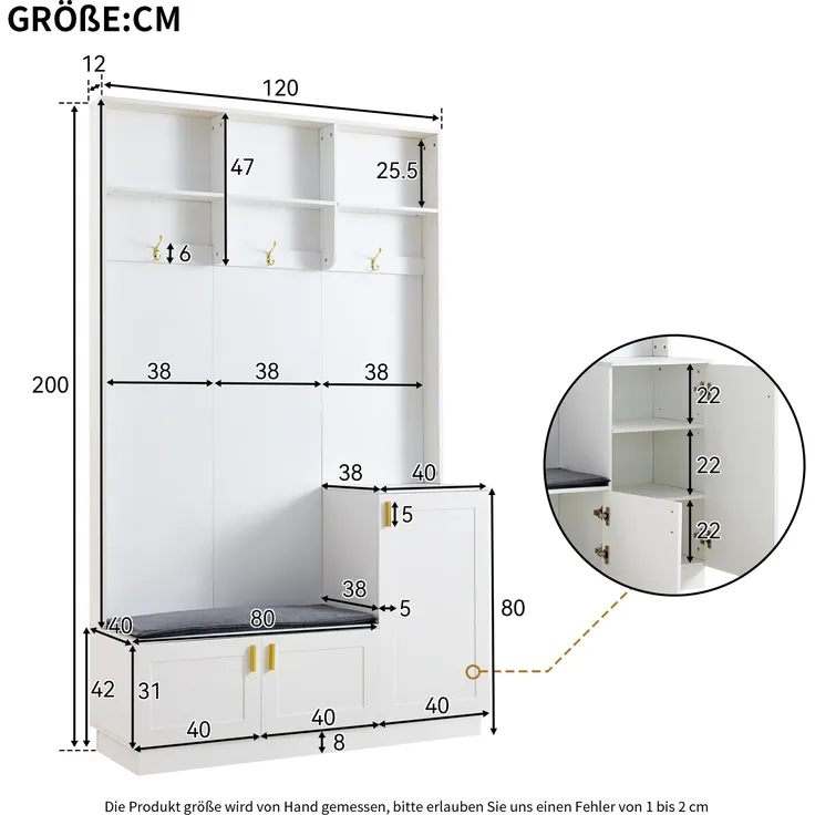 Garderoben-Set mit Sitzfläche, Schuhschrank und Haken, Breite 120 cm – Bild 3
