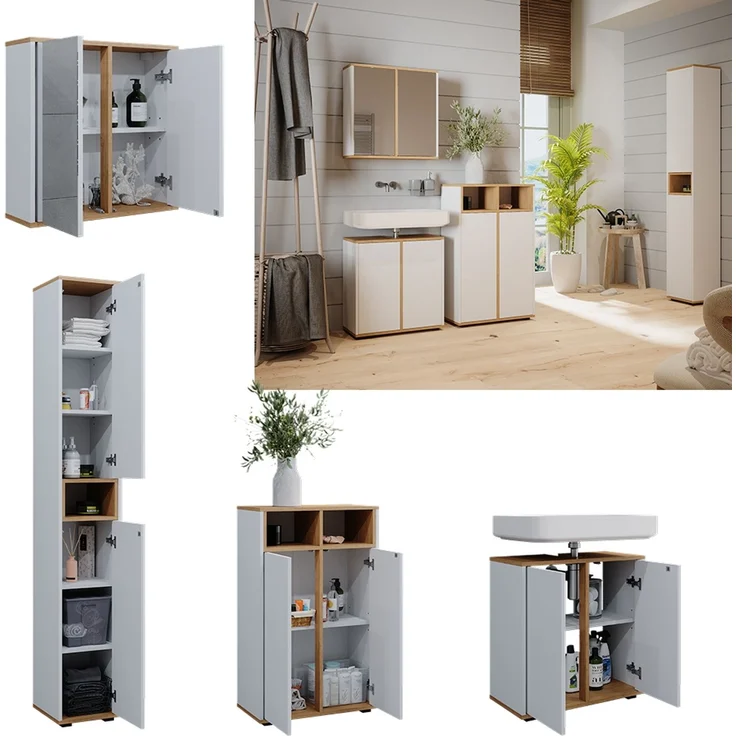 Badmöbel-Set Didi Weiß/Artisan 4 Teile, mit Hochschrank und Midischrank mit Türen Vicco – Bild 2