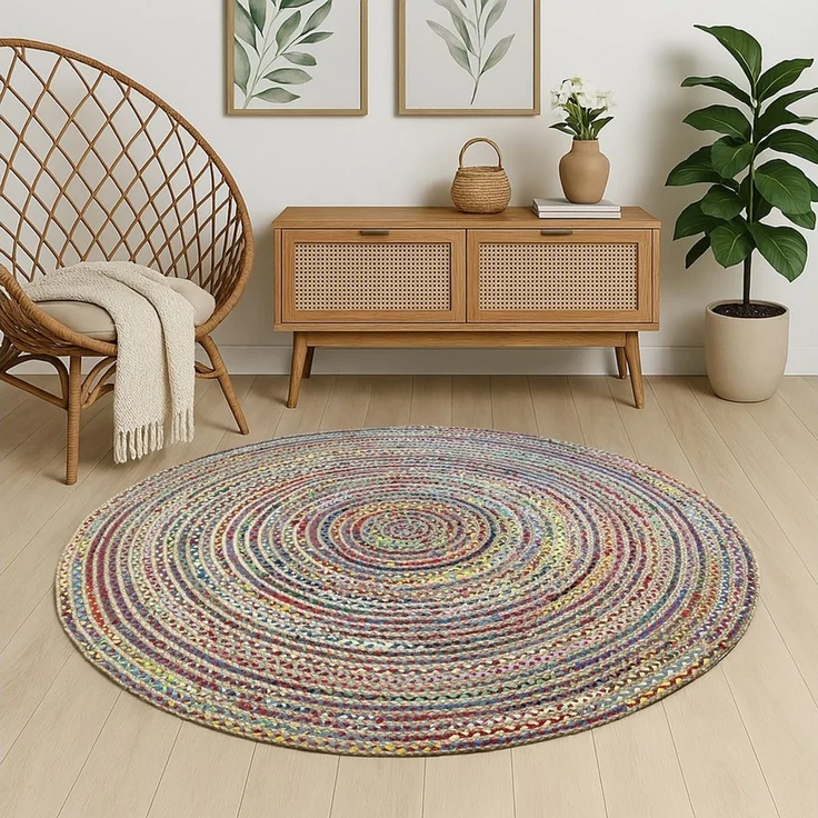 Myflair Möbel & Accessoires Teppich Boho Breeze, rund, Höhe: 10 mm, Juteteppich, handgeflochten, Wendeteppich, farbige Baumwoll-Akzente – Bild 5