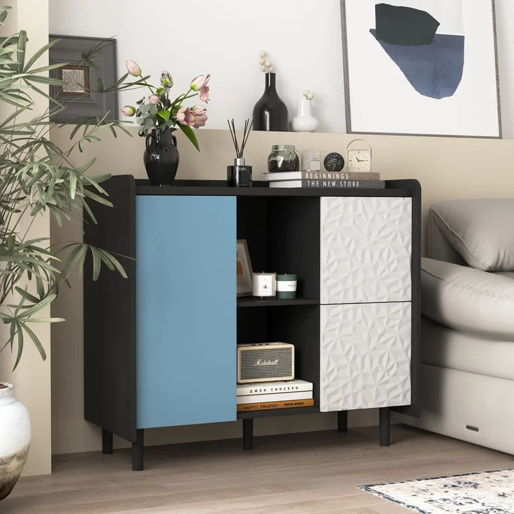 Sideboard-Buffetschrank in Schwarz mit blauen Türen und 2 Schubladen – Viel Stauraum für Küche und Esszimmer – Bild 4