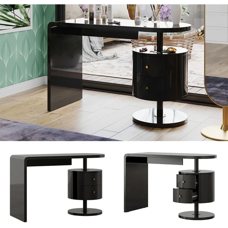 Schminktisch Lara Schwarz Hochglanz 120 cm mit 2 Schubladen Vicco – Bild 2