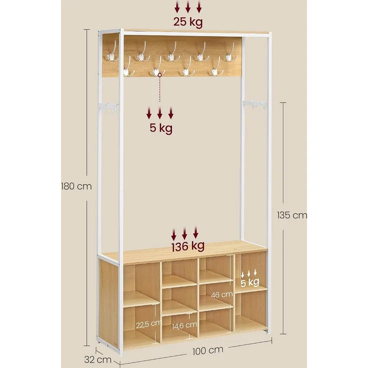 VASAGLE Kleiderständer, Garderobe mit Schuhregal, mit Haken und verstellbaren Ablagen, Industrie-Stil, goldeichenfarben-weiß – Bild 6