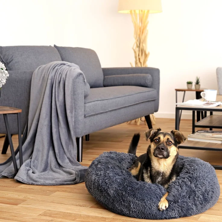lionto Donut Hundebett, rundes Hundesofa mit Plüschbezug & Anti-Rutsch-Noppen, weich & gemütlich, 70 cm Durchmesser, dunkelgrau – Bild 3