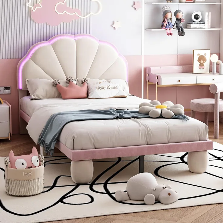Ball & Cast Kinderbett (90x200 cm) mit Lichtstreifen, Polsterbett mit Wellengestriftem Kopfteil aus Samt, Einfach & Zeitsparend Montierbar, Beige+Rosa