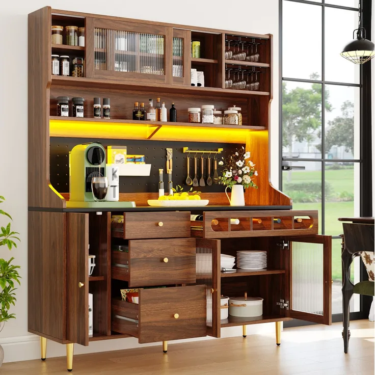 Hochschrank 145x39x171 cm mit LED-Beleuchtung, Glasschiebetüren und Weinfach - Walnuss