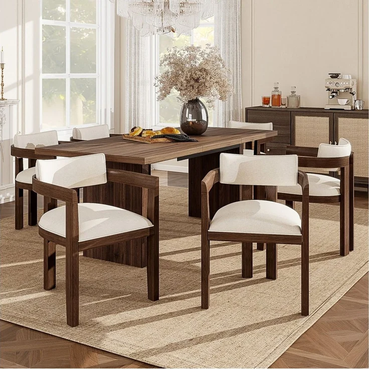 i@home Esszimmerstuhl Esszimmerstühle aus Massivholz, Moderne Essstühle, Küchenstühle (für Esszimmer, Wohnzimmer und Café, 4 St), mit Armlehnen, Bequemer Leinenstoff Bezug, Walnussholzfarbe, 4 Stück – Bild 1