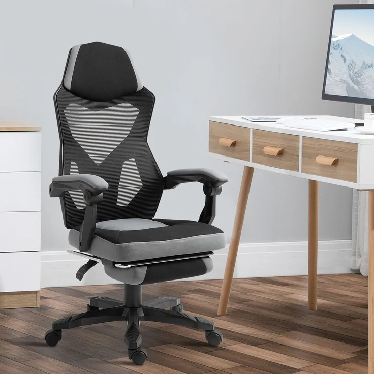MELAYR, Bürostuhl, Gaming-Stuhl, höhenverstellbar, Rückenlehne, drehbare Rollen, Fußstütze, 76 x 28 x 59 cm, Grau – Bild 4