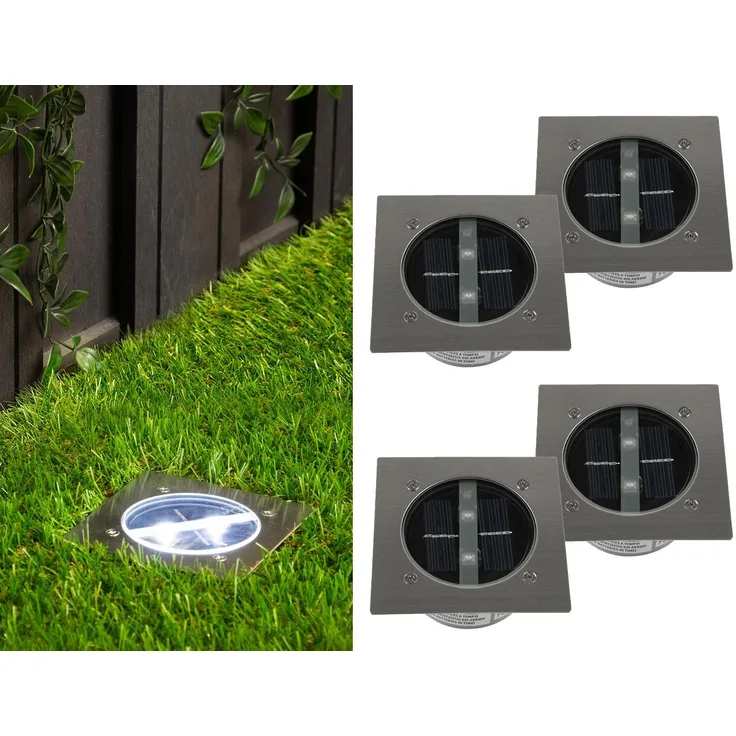 Solar LED Bodeneinbaustrahler 4er SET für Außen, Edelstahl 4-eckig 10x10cm, IP67