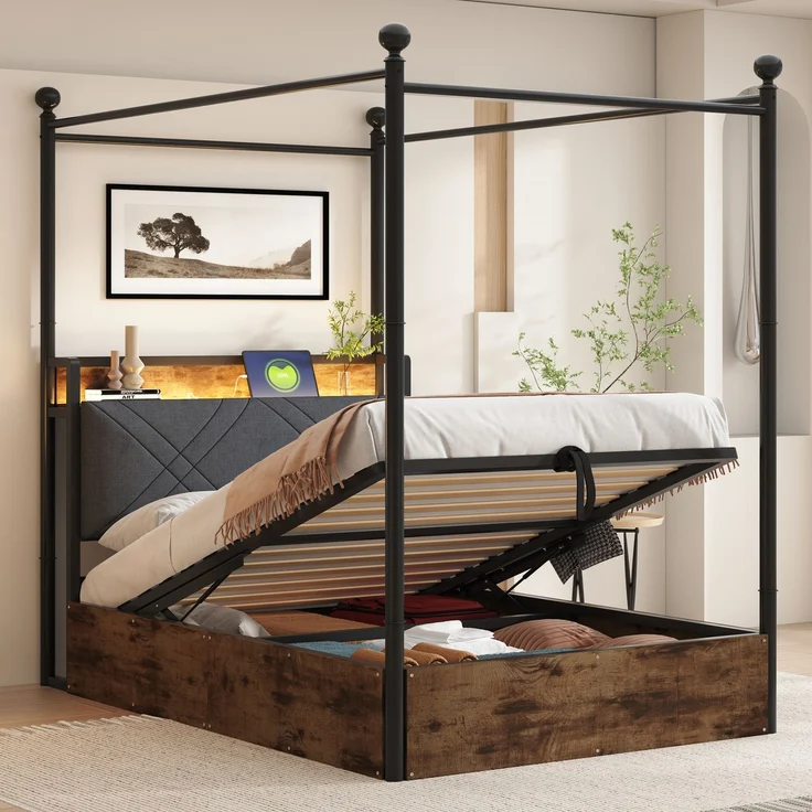 EINHOM Multifunktionales Eiseneinzelbett 90 x 190 cm mit Stauraum, Metall, mit Hydraulisch Anhebbarer Bettstauraum und Schmiedeeisernem Baldachin, mit Abnehmbaren Bettpfosten mit LED-Beleuchtung und USB-/Typ-C, Jugendbett, Schwarz (Ohne Matratze) – Bild 1
