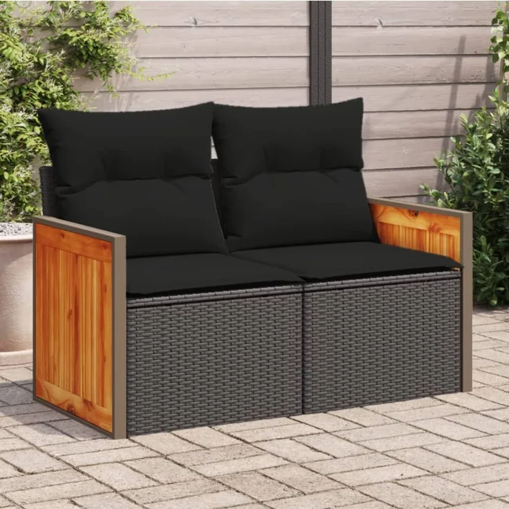 vidaXL Gartensofa mit Kissen 2-Sitzer Schwarz Poly Rattan 365979