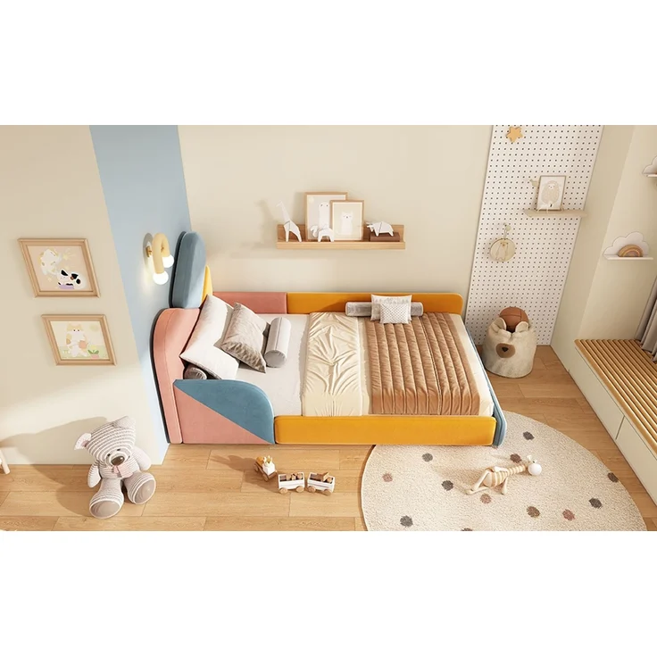 TavilaEcon Polsterbett Weiches Bodenbett mit gepolstertem Kopfteil & Fallschutz Blau+Pink+Orange Liegefläche 90 × 200 cm – Bild 10