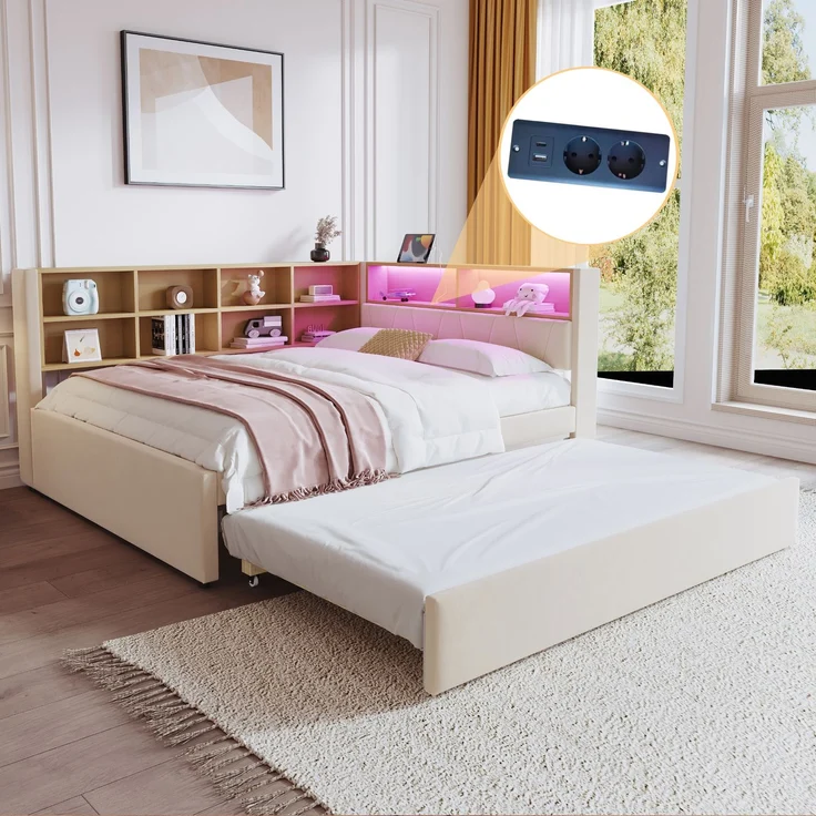 Multifunktionales Schlafsofa 140x200 cm mit Ausziehbett, LED-Leuchten, USB & Typ-C Ladeanschluss, Stauraum,Beige – Bild 1