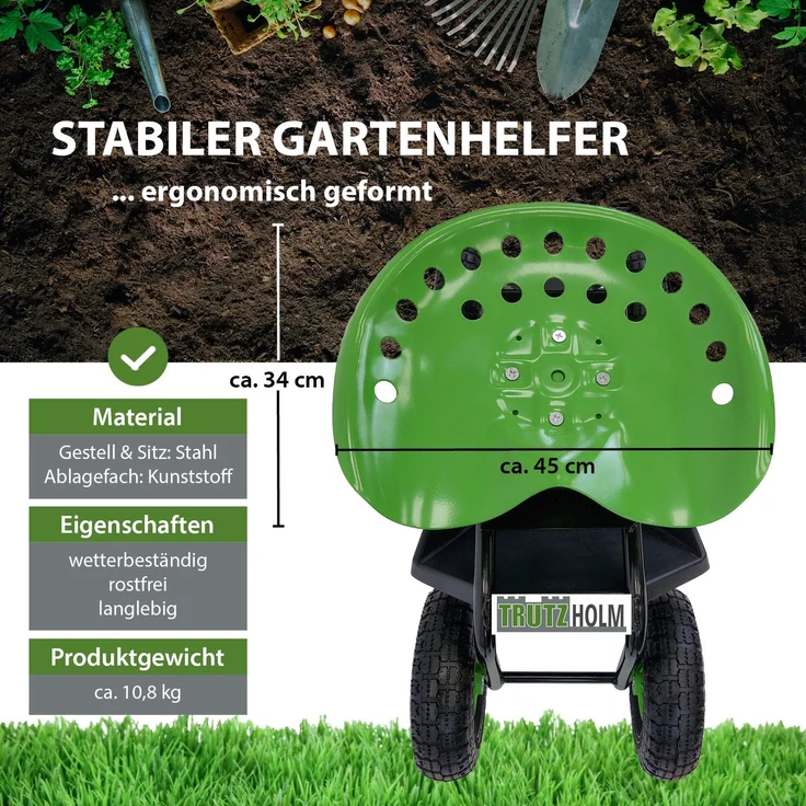 Gartenscooter mit Ablage Stahl 150 kg Sitzhöhe 44-52 cm Sitz 360° drehbar Lufträder in Schwarz-grün – Bild 2