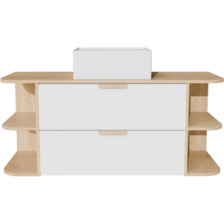 Vente-unique - Waschbeckenschrank hängend mit Nischen und quadratischem Aufsatzwaschbecken - Weiß und Naturfarben hell - B120 cm AVORELI – Bild 3