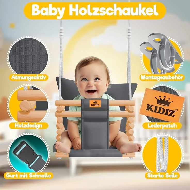 KIDIZ® Babyschaukel Kinderschaukel Schaukelsitz mit Polsterung | Holz-Schaukel mit Anti-Kipp bis 60KG | Höhenverstellbar Indoor & Outdoor | 0,5 - 3 Jahre | Montagezubehör & Sicherheitsgurt Anthrazit – Bild 2
