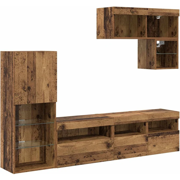 vidaXL TV-Wandgeräte mit LED-Lichtleisten 6 pcs Altholz Holzwerkstoff 3402974 – Bild 1