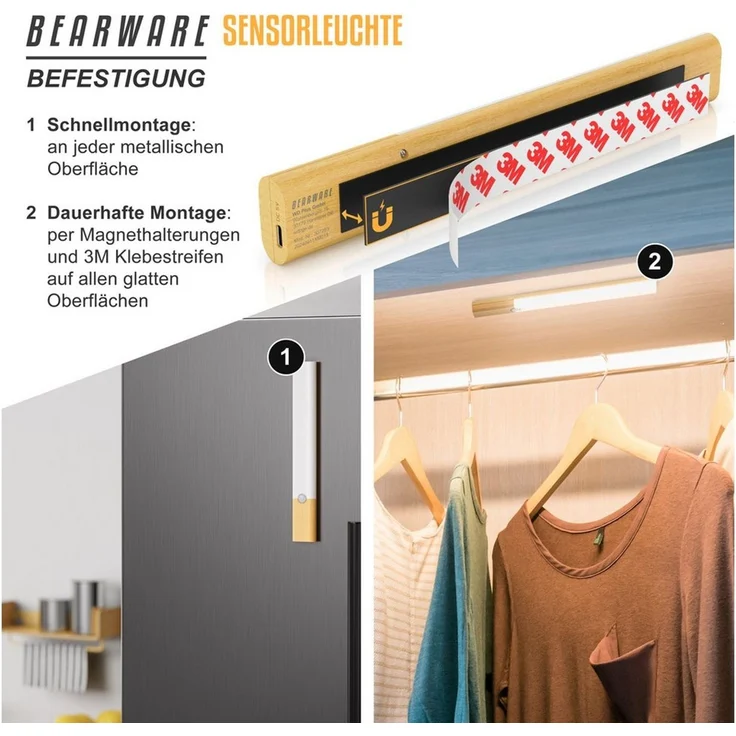 BEARWARE Unterschrankleuchte Schranklicht mit Bewegungsmelder, Akku, 3 Farbtemperaturen, dimmbar, stufenlos dimmbar, Memory-Funktion, 3 Lichtfarben, LED fest integriert, warmweiß, neutralweiß, kaltweiß, 1000 mAh, USB-C, Magnetbefestigung, PIR 120°, 4 m... – Bild 3