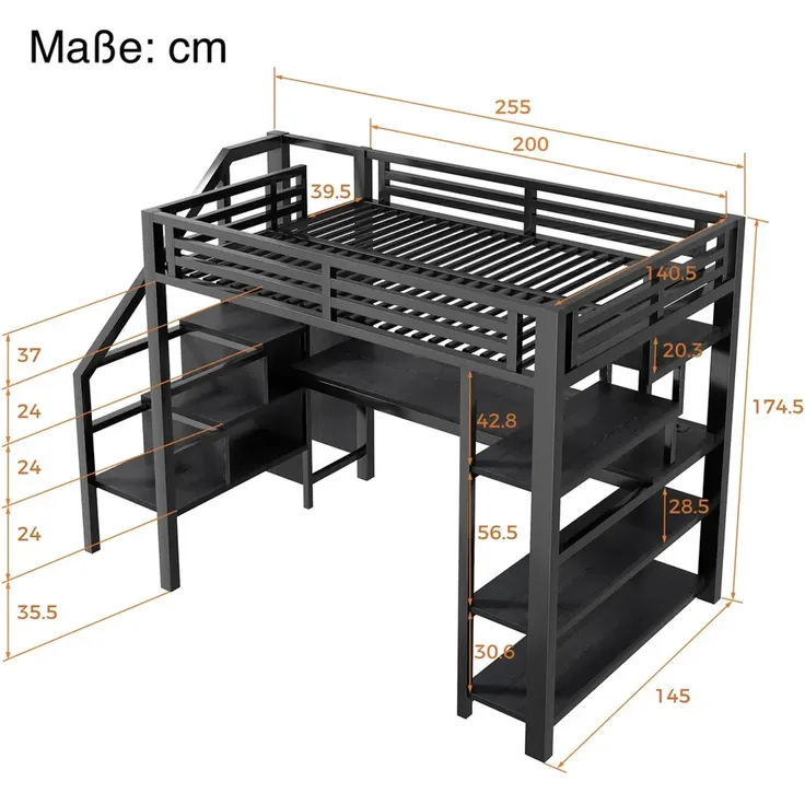Hochbett mit Schreibtisch, LED-Streifen, Kleiderschrank, Regal, Treppe, Steckdose, USB, Rausfallschutz, 140x200cm, Kinderbett, Metallbett – Bild 4