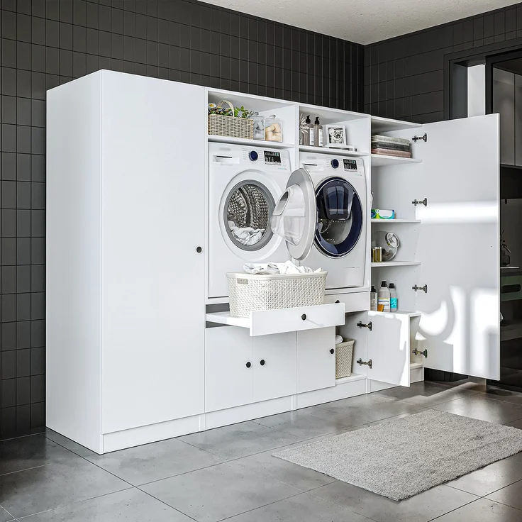 Roomart Schrankwand für Waschküche & Hauswirtschaftsraum - SERIE 1 - 254 cm breit – Waschmaschinen-Umbau & Stauraumschrank mit Ausziehbrett • Weiß – Bild 2
