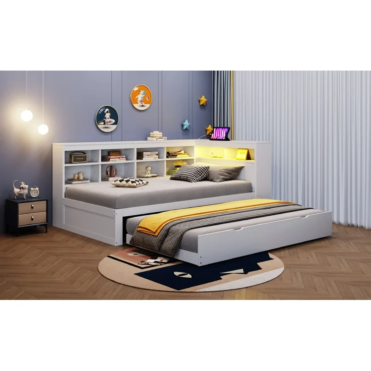 EINHOM Massivholzsofa 90 x 200 cm, mit Ausziehbarem Bett, mit USB-Steckdose und mit LED-Licht, mit Regalen und Ablagefächern, Viel Stauraum, Multifunktionales Einzelholzbett, Weiß, (Ohne Matratze) – Bild 7