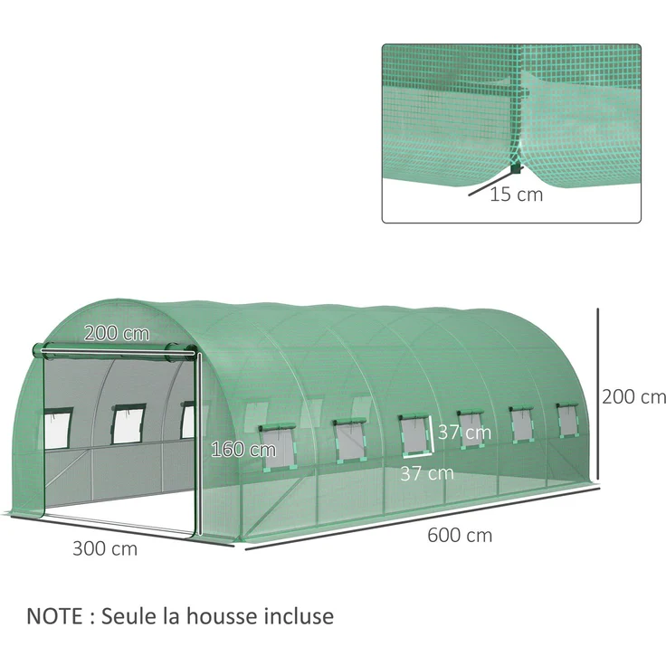 Ersatzplane für Tunnelgewächshaus 18 m², Plane 6 x 3 x 2 m, UV-beständiges, wasserdichtes PE, 12 Fenster + Rolltor mit Reißverschluss, grün – Bild 5
