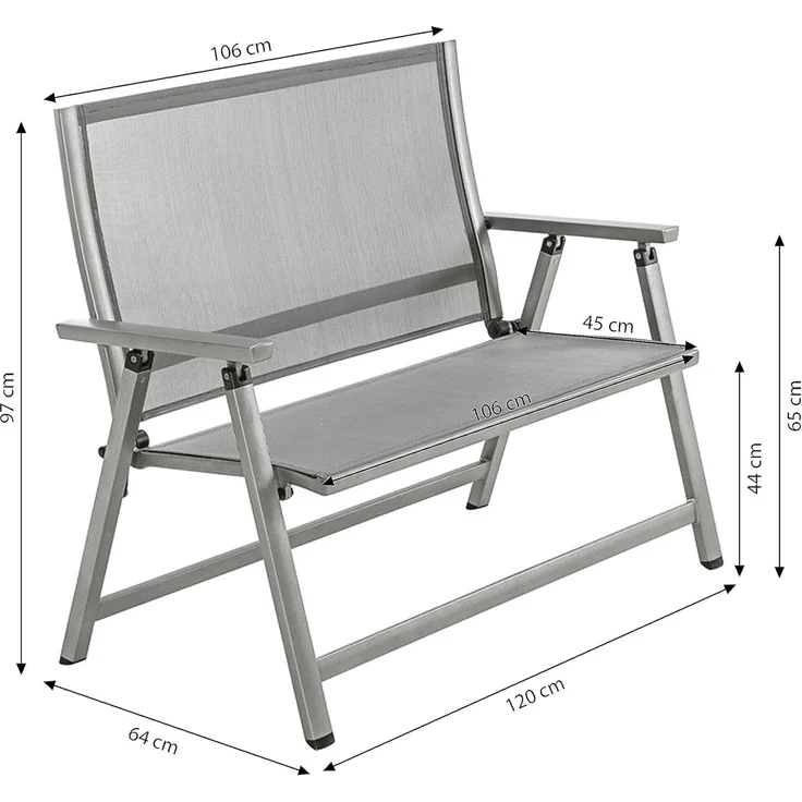 Dehner Klappbank Chicago | 2-Sitzer mit Rückenlehne und Armlehnen | komfortable Sitzbank | klappbar, wetterfest | Aluminium, Textilene | Gartenbank, Parkbank, Doppelbank | ca. 106 x 97 x 59. 5 cm – Bild 3