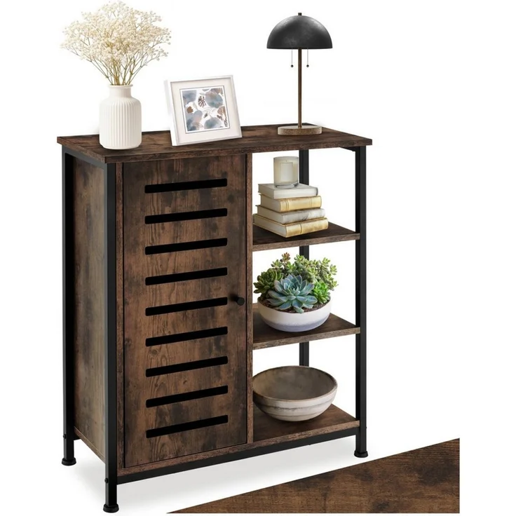tectake Highboard Hochkommode, mit höhenverstellbaren Kunststofffüßen, 70 x 32 x 82 cm (Stauraumschrank, in Industrial Holz dunkel, rustikal), Industrial Style, Holz und Stahl, Ablage und 3 offene Fächer – Bild 1