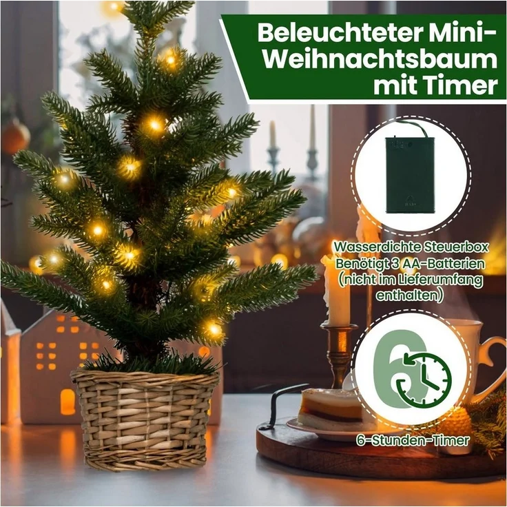 COSTWAY Künstlicher Weihnachtsbaum, 53cm mit 20 LEDs, Weidenholztopf & Timer – Bild 3