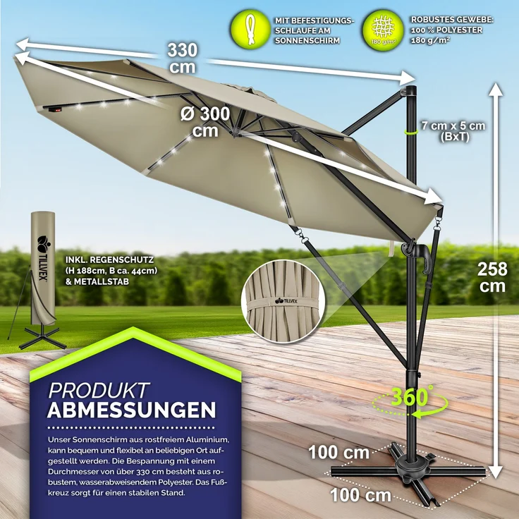 tillvex® Premium Alu Sonnenschirm 330 cm Braun + Abdeckung & Windsicherung | Ampelschirm 6-Fach Verstellbar mit Kurbel | Gartenschirm 360° Drehbar Neigbar Kippbar | Kurbelschirm UV50+ Groß wasserdicht – Bild 5