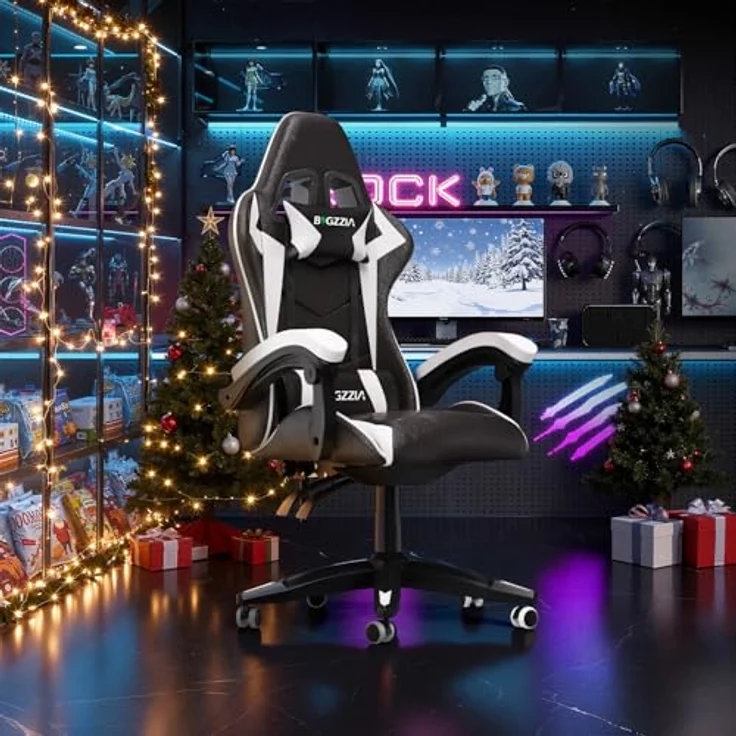 bigzzia Gaming Stuhl Ergonomisch Gaming Chair mit Lendenkissen und Kopfstütze, Gamer Stuhl Höhenverstellbar, Pc Stuhl für Erwachsene Mädchen Junge, Schwarz – Bild 3