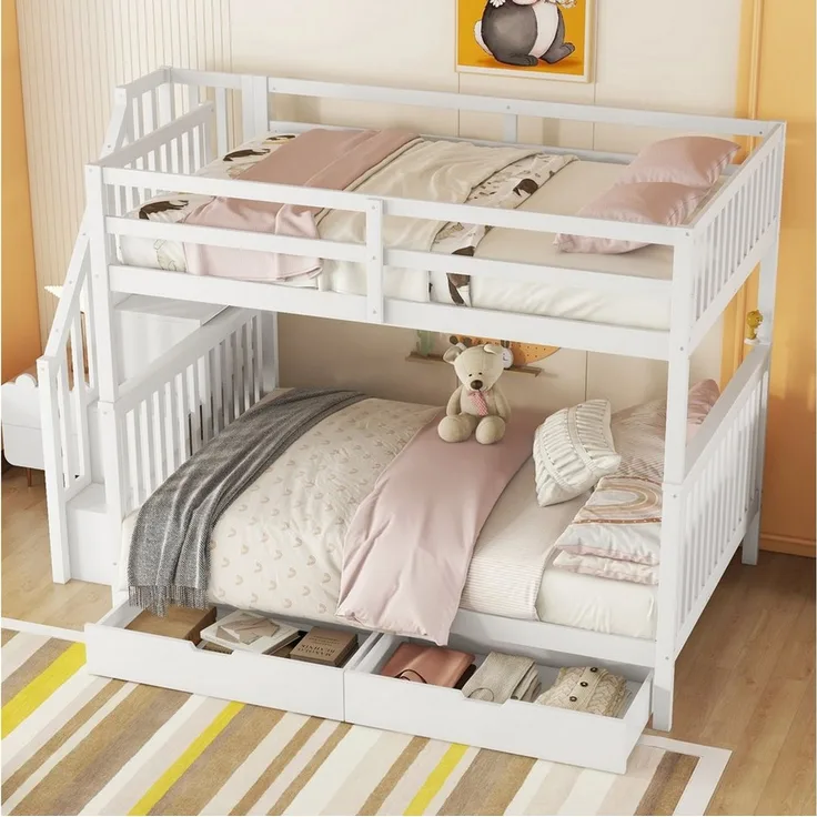 HAUSS SPOLE Etagenbett 140x200 mit Matratze, mit zwei Schubladen, hohe Geländer, Treppenregal