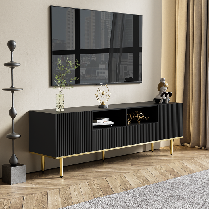 TV-Schrank 165 cm Schwarz mit Gold, Lowboard Sideboard Wohnzimmerschrank, 2 Schubladen, 2 offene Fächer – Bild 5