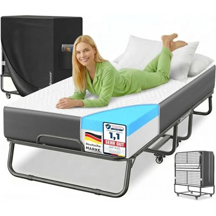 KESSER® Klappbett 200x90cm Gästebett inkl. Matratze aus Memory-Schaum & Rollen | faltbares Reisebett mit Metallrahmen für Erwachsene belastbar bis 250kg | Metallbett mit Schaumstoffmatratze & Cover Anthrazit / Weiß, Deluxe Plus – Bild 1