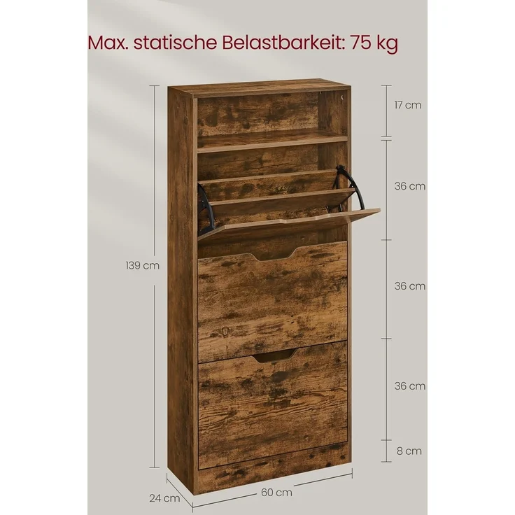 VASAGLE Schuhschrank 3 Klappen, Schuhkipper, Schuhregal, Schuhaufbewahrung, offenes Fach, Trennwand verstellbar, für 14-18 Paar Schuhe, Flur, 24 x 60 x 139 cm, vintagebraun LBC046B01 – Bild 3