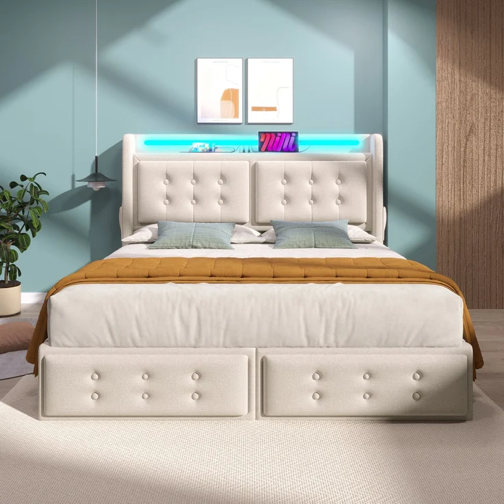 Polsterbett 180x200 cm mit LED & Ladefunktion, 4 Schubladen, Baumwoll-Leinen-Bezug, Beige – Bild 8