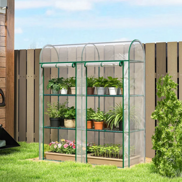 MELAYR, Kleines Gewächshaus mit 3 Etagen, 2 Rolltüren, Stahlrahmen, Kunststoffabdeckung, 143 x 46 x 164 cm, Transparent – Bild 3