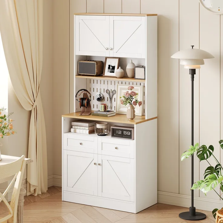 Stilvoller weißer Esszimmer Sideboard mit 2 Schubladen und 4 Türen – Elegantes Buffet für Küche, Esszimmer & Wohnzimmer mit Silber Griffen und großzügigem Stauraum--Weiß--80x40x175cm--YOUDENOVA