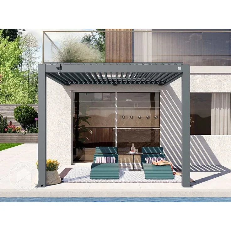 PRIMEYARD Terrassenüberdachung 3x3 m Aluminium-Pfosten mit Lamellendach aus Alu anthrazitfarbene Anbau-Pergola – Bild 3