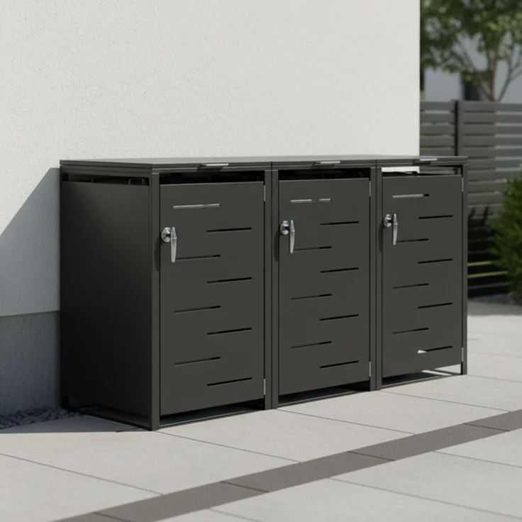 STEELSØN 'Diorus' Mülltonnenbox 3er je 240 Liter, graphitschwarz, Mülltonnenverkleidung aus Stahl mit Sichtstreifen, wetterfest, 116x80x203 cm, abschließbare Müllbox für 3 Tonnen – Bild 8