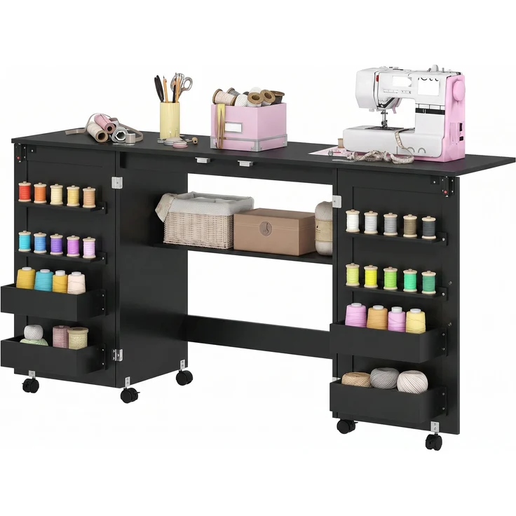 Rayofly-klappbarer Nähtisch Nähschrank auf Rollen, 2 Magnettüren, 4 Ablagen, 20 Haken, 160 x 40 x 83 cm, schwarz, H 83cm x T 80cm x B 40cm – Bild 2