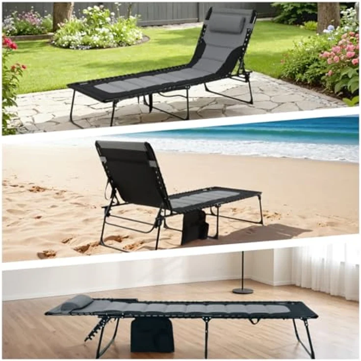 Clevich XXL Liegestuhl klappbar, 199×66 cm Übergroße Sonnenliege mit 5-Fach Verstellbarer Rückenlehne, Gartenliege mit Kopfkissen & Seitentasche, Campingliege bis 150 kg für Strand, Pool – Bild 8