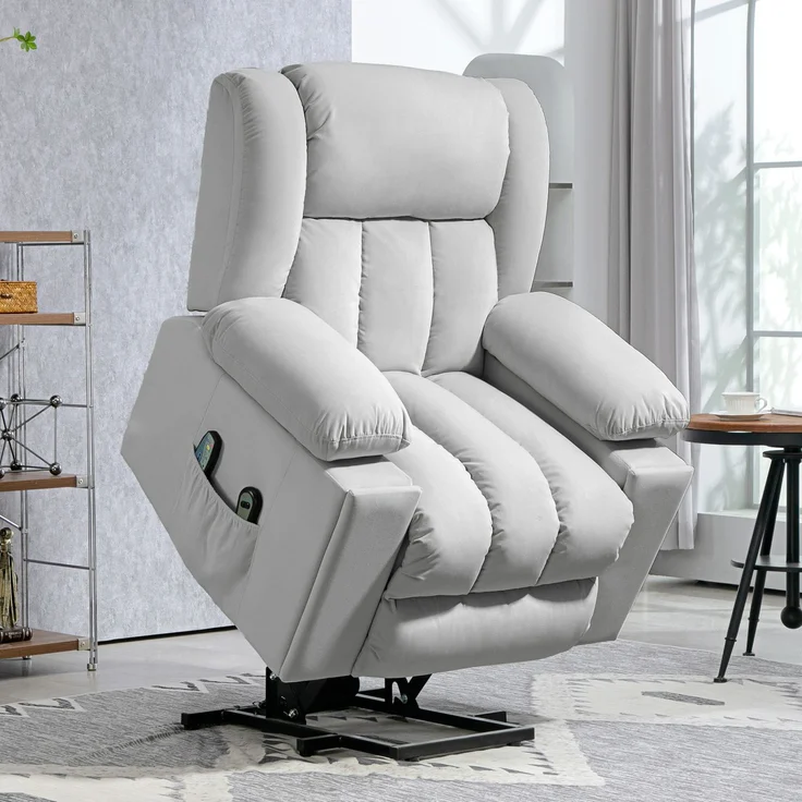 MELAYR, Elektrischer Aufsteh-Sessel, Weicher, samtartiger Stoff, USB-Anschlüsse, 101 x 93 x 104 cm, Hellgrau – Bild 3